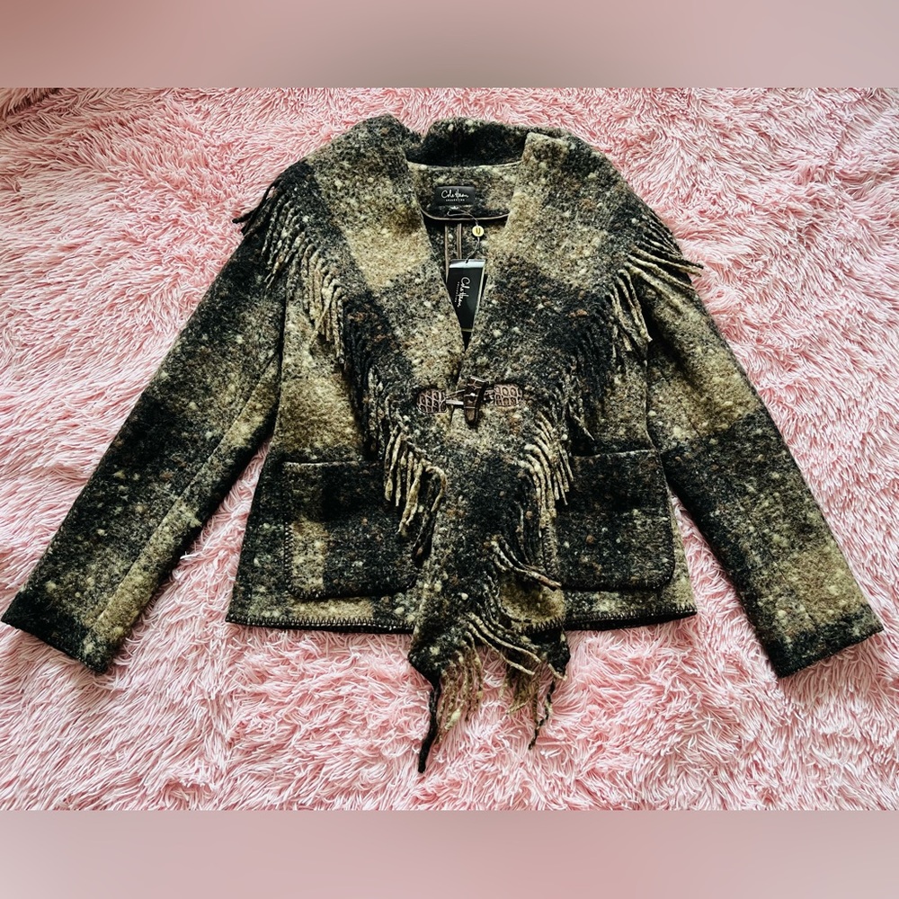 Cole Haan Brown Plaid Fringed Jacket Size L